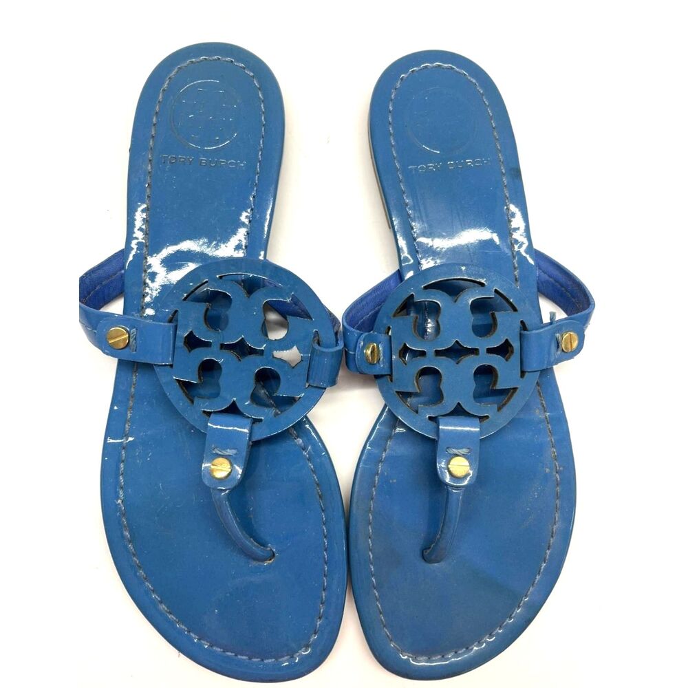Tory Burch Miller Vibrant Blue Leather Medallion Thong Sandals Women's Size 8